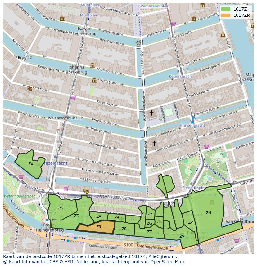 Afbeelding van het postcodegebied 1017 ZR op de kaart.