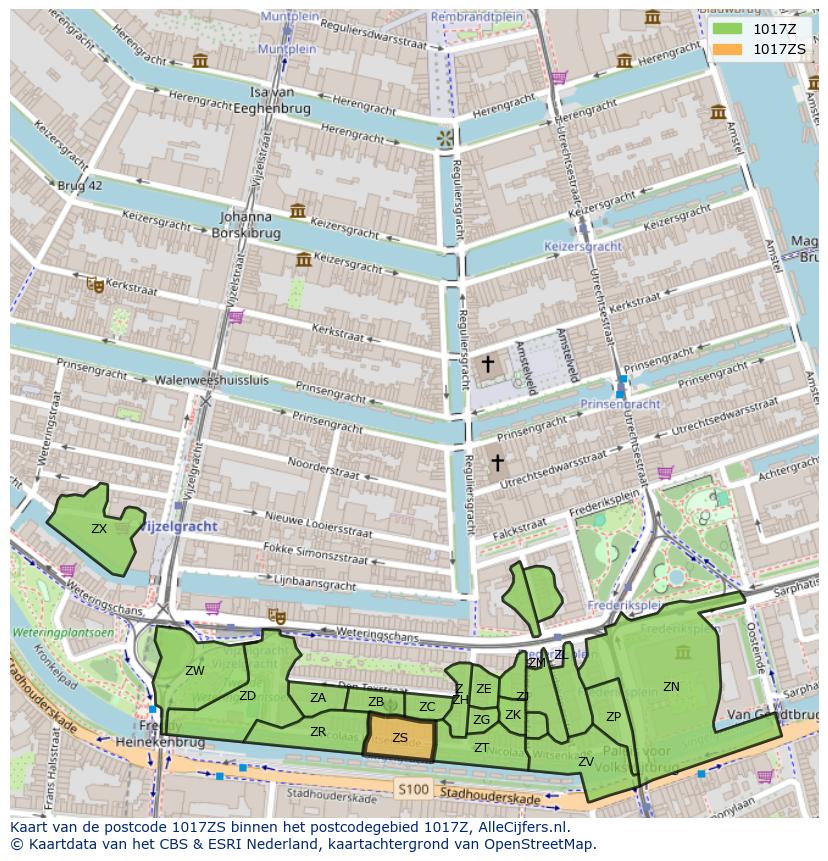 Afbeelding van het postcodegebied 1017 ZS op de kaart.