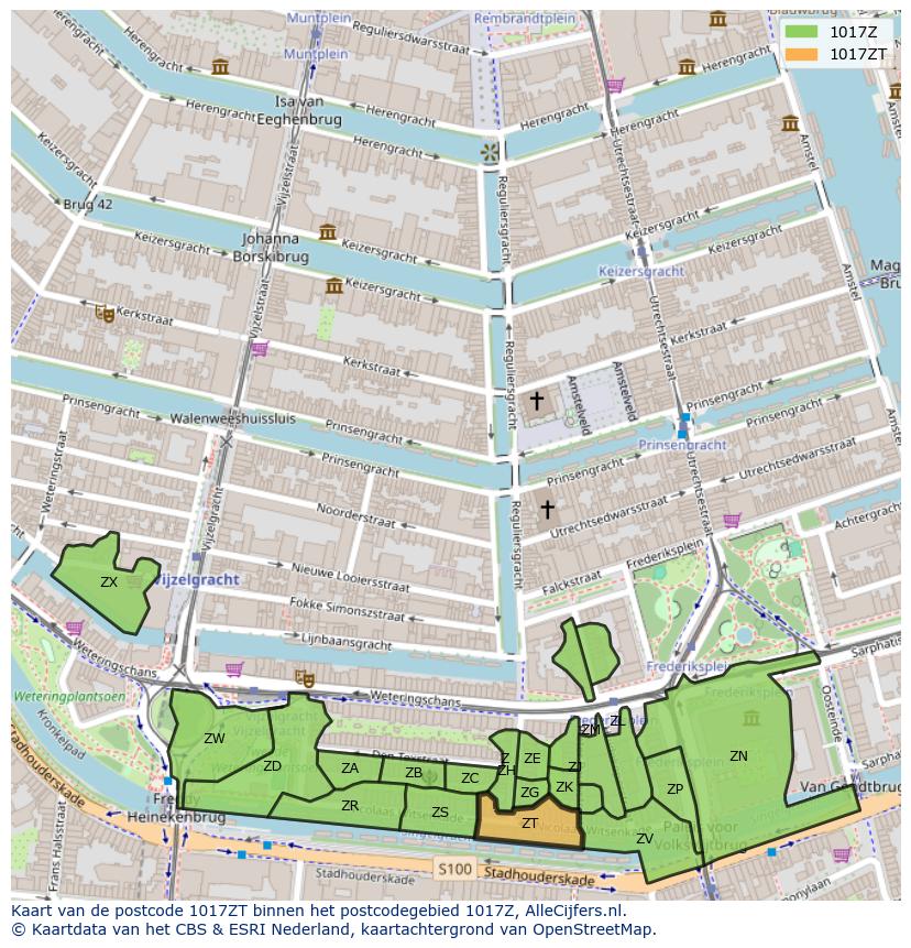 Afbeelding van het postcodegebied 1017 ZT op de kaart.