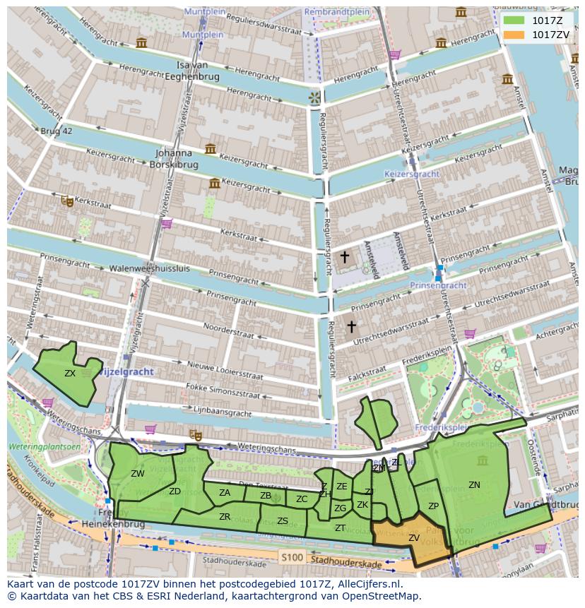 Afbeelding van het postcodegebied 1017 ZV op de kaart.