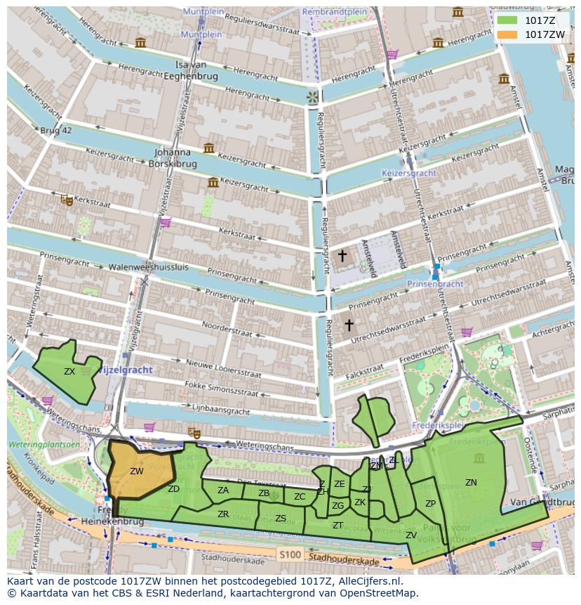 Afbeelding van het postcodegebied 1017 ZW op de kaart.