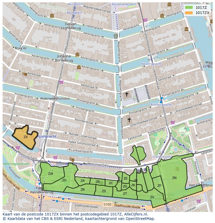 Afbeelding van het postcodegebied 1017 ZX op de kaart.