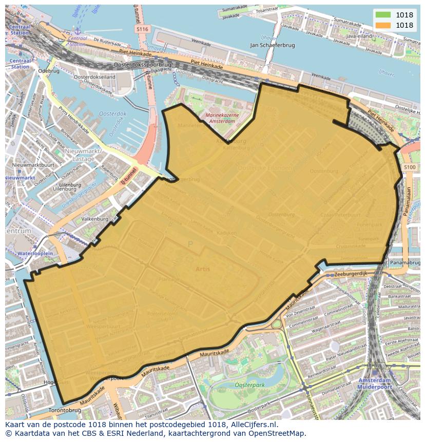 Afbeelding van het postcodegebied 1018 op de kaart.