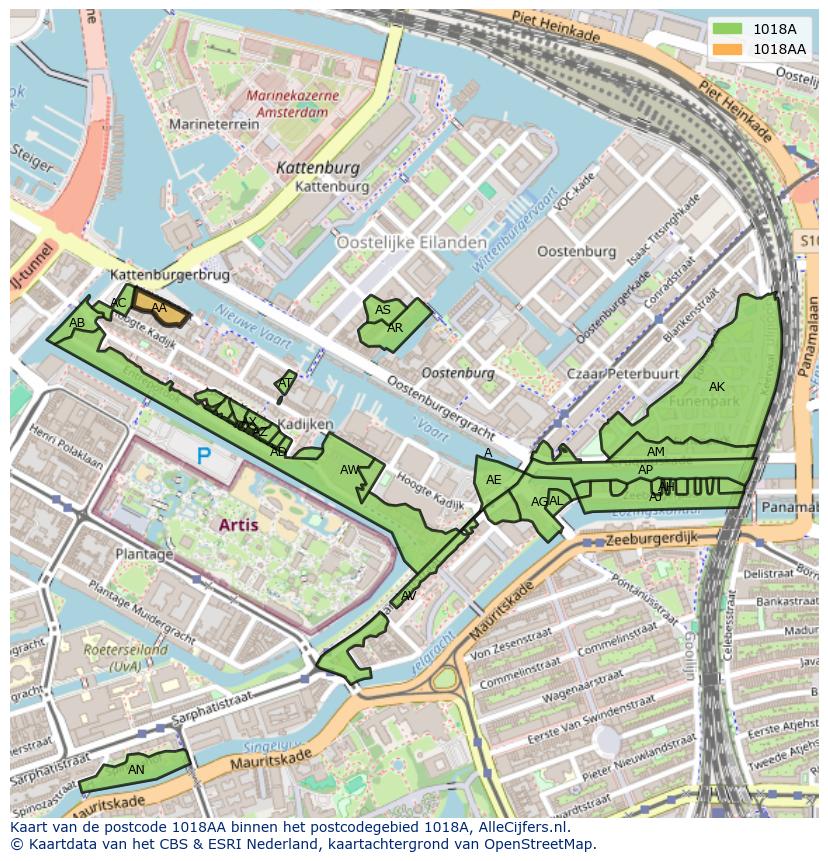 Afbeelding van het postcodegebied 1018 AA op de kaart.