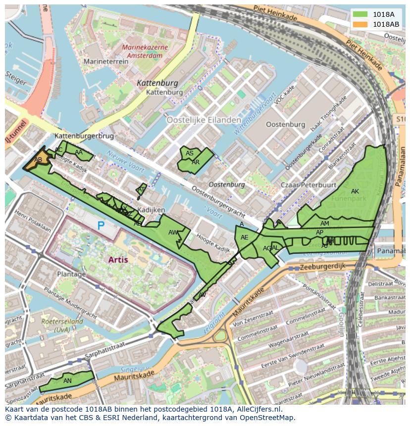 Afbeelding van het postcodegebied 1018 AB op de kaart.