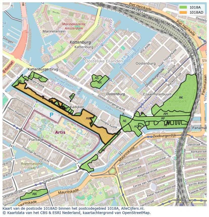 Afbeelding van het postcodegebied 1018 AD op de kaart.