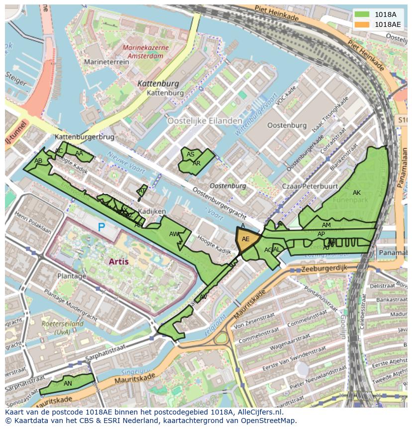 Afbeelding van het postcodegebied 1018 AE op de kaart.