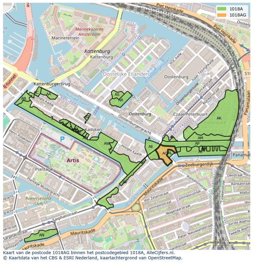 Afbeelding van het postcodegebied 1018 AG op de kaart.