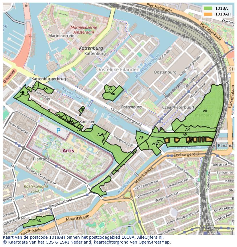 Afbeelding van het postcodegebied 1018 AH op de kaart.
