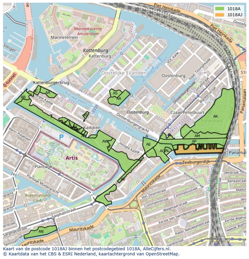 Afbeelding van het postcodegebied 1018 AJ op de kaart.