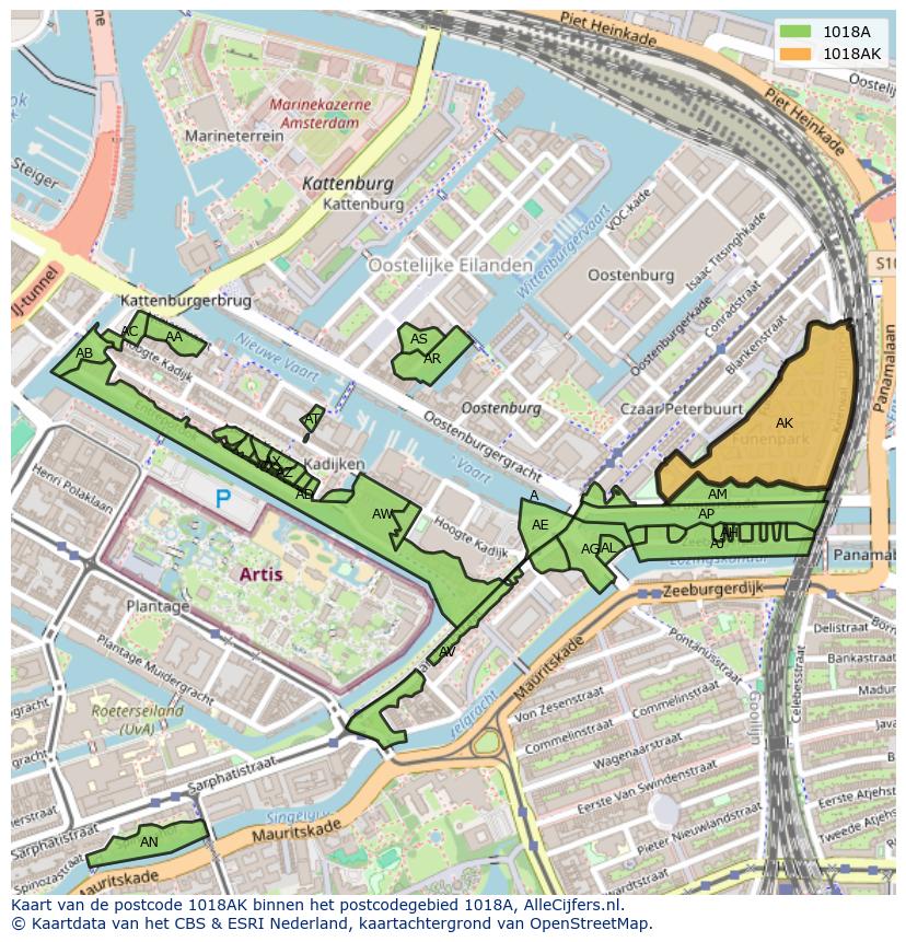 Afbeelding van het postcodegebied 1018 AK op de kaart.