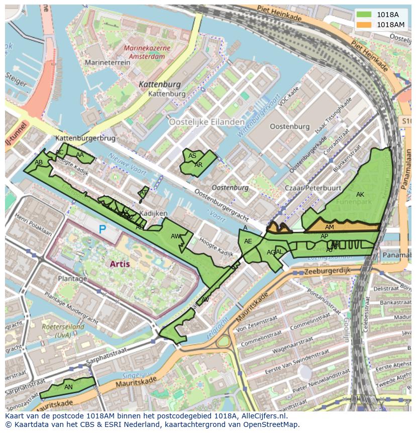 Afbeelding van het postcodegebied 1018 AM op de kaart.