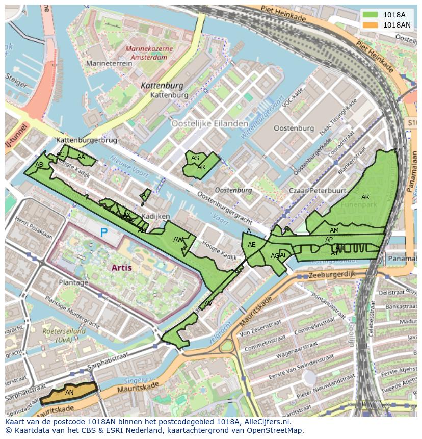 Afbeelding van het postcodegebied 1018 AN op de kaart.