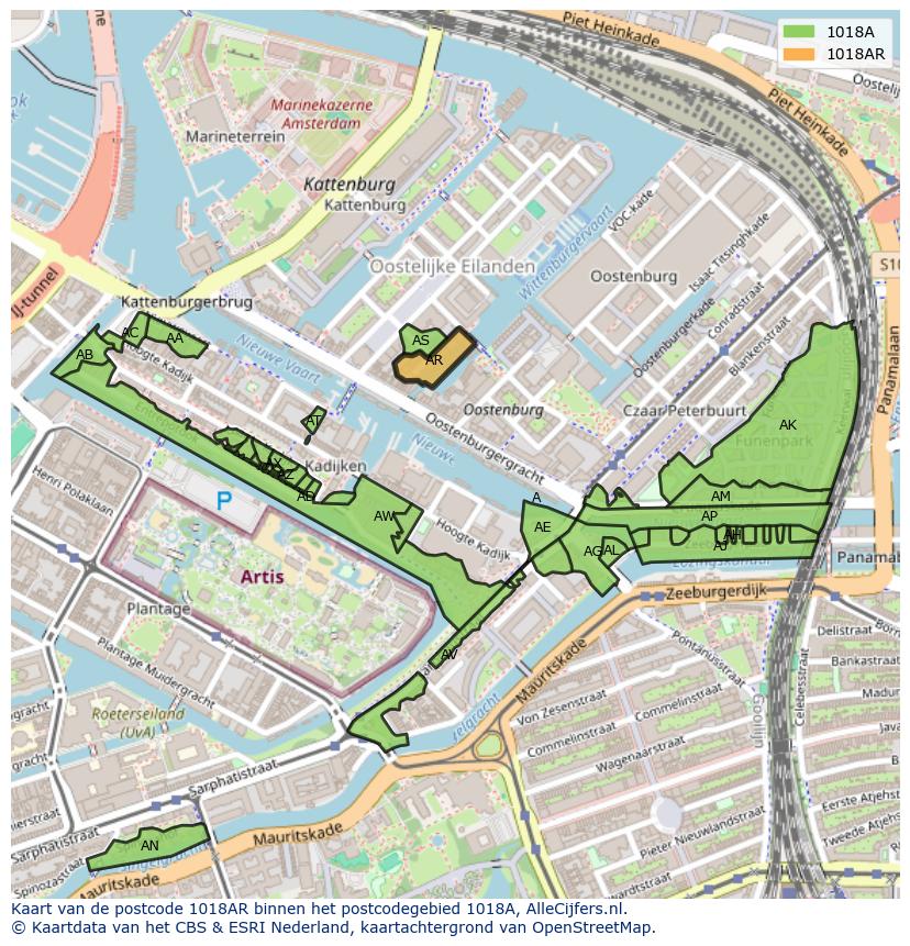 Afbeelding van het postcodegebied 1018 AR op de kaart.