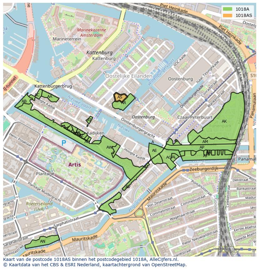 Afbeelding van het postcodegebied 1018 AS op de kaart.