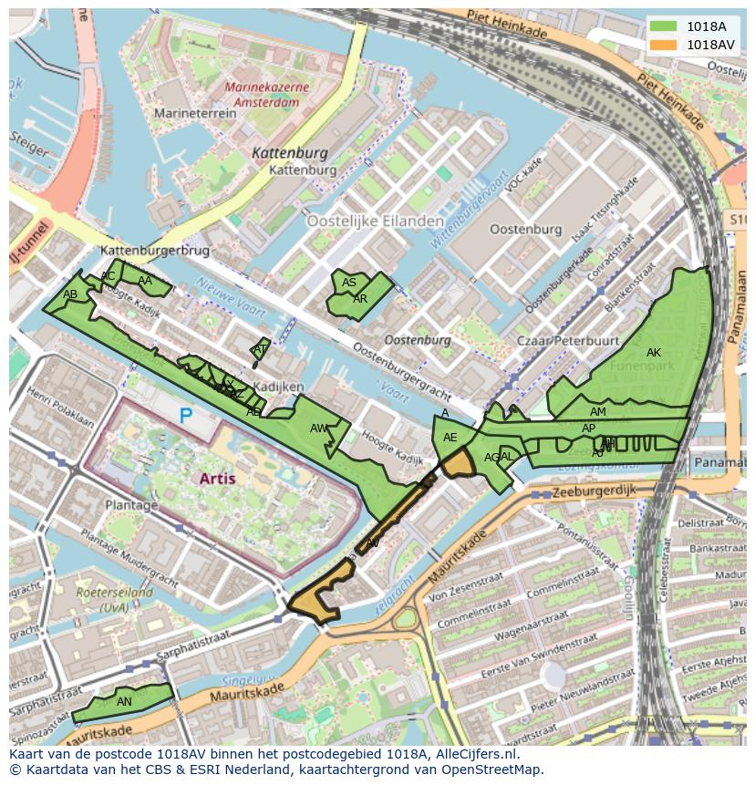 Afbeelding van het postcodegebied 1018 AV op de kaart.