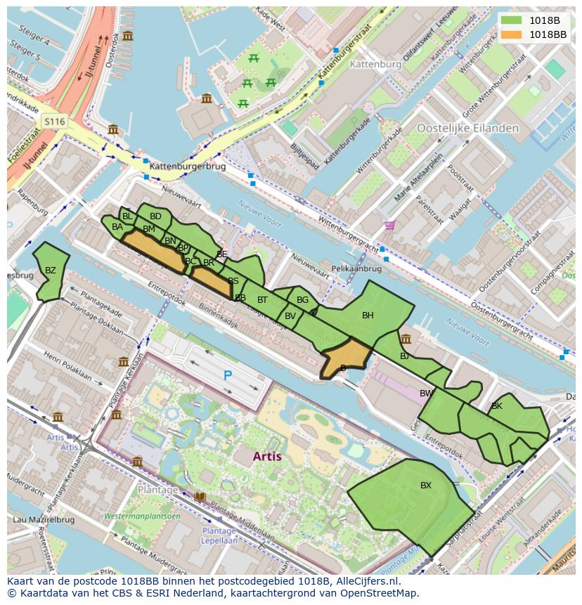 Afbeelding van het postcodegebied 1018 BB op de kaart.