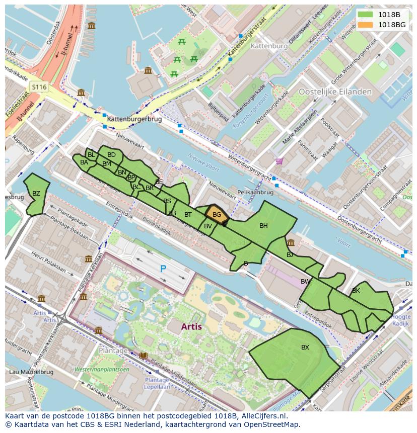 Afbeelding van het postcodegebied 1018 BG op de kaart.