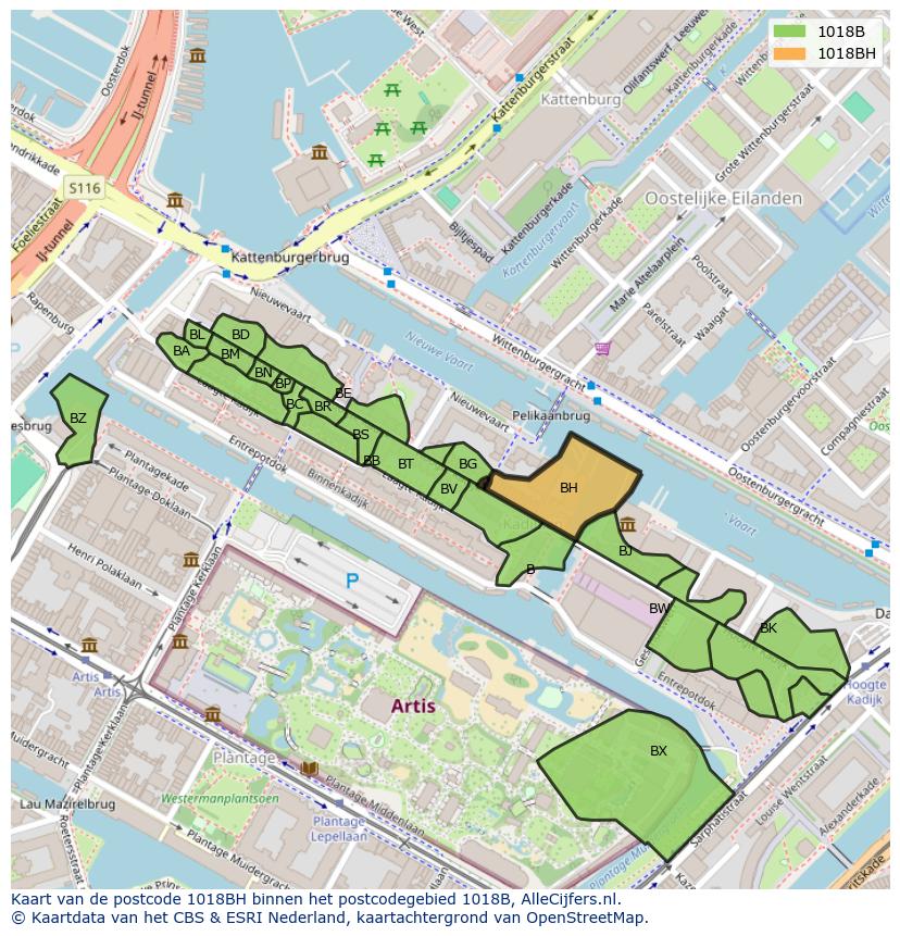 Afbeelding van het postcodegebied 1018 BH op de kaart.