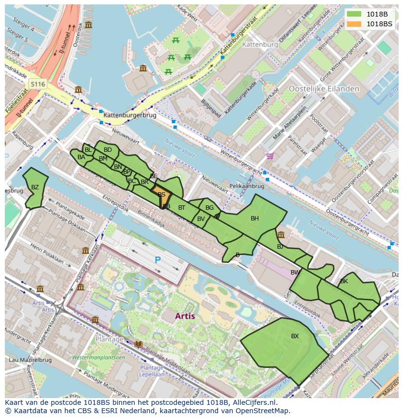 Afbeelding van het postcodegebied 1018 BS op de kaart.
