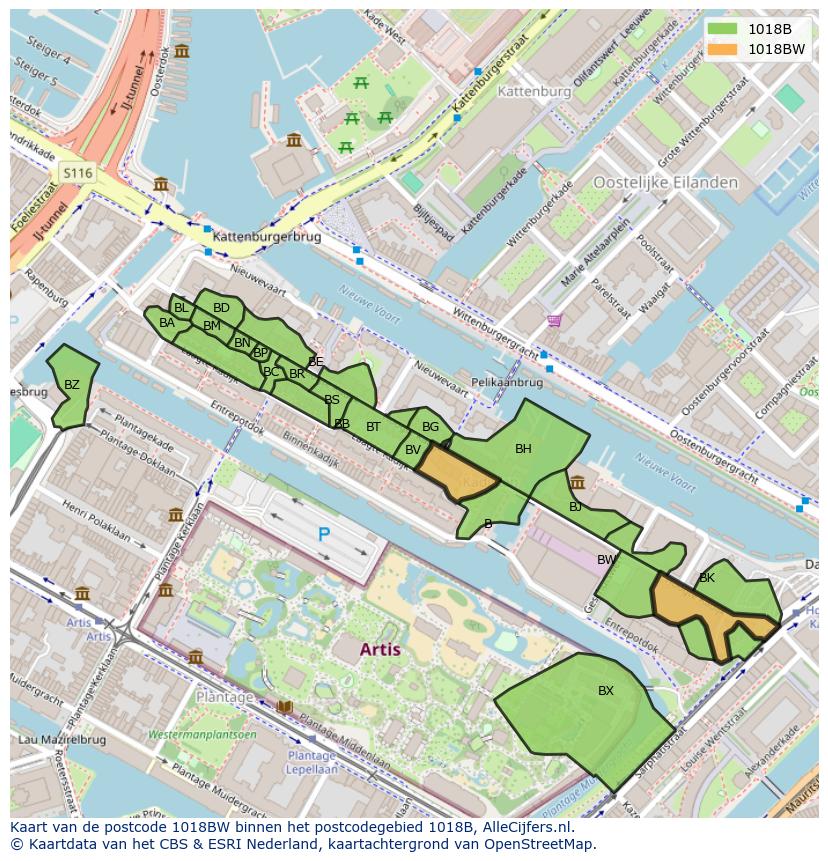 Afbeelding van het postcodegebied 1018 BW op de kaart.