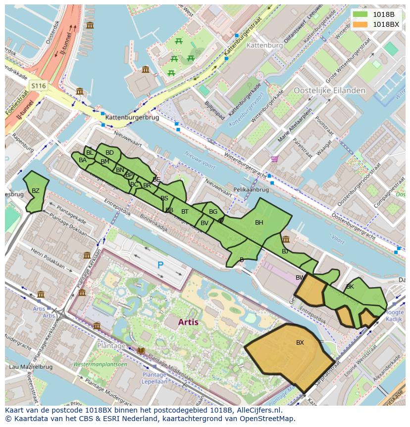 Afbeelding van het postcodegebied 1018 BX op de kaart.