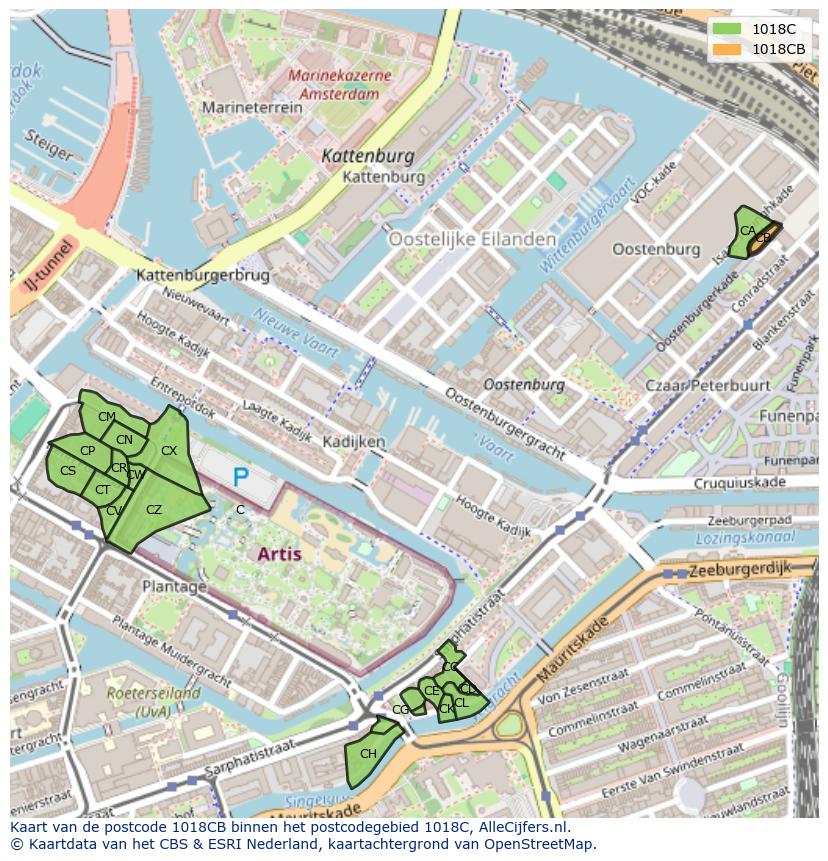 Afbeelding van het postcodegebied 1018 CB op de kaart.