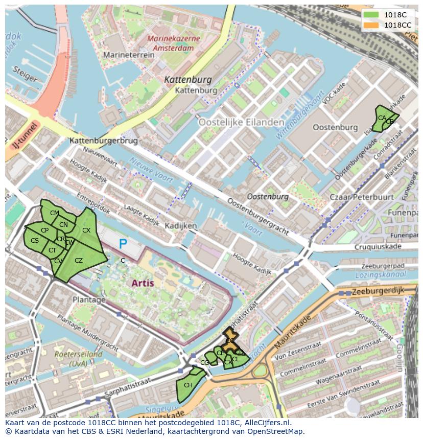 Afbeelding van het postcodegebied 1018 CC op de kaart.