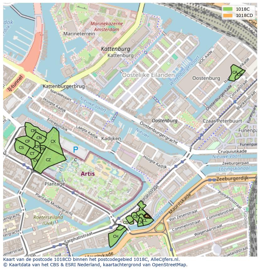Afbeelding van het postcodegebied 1018 CD op de kaart.