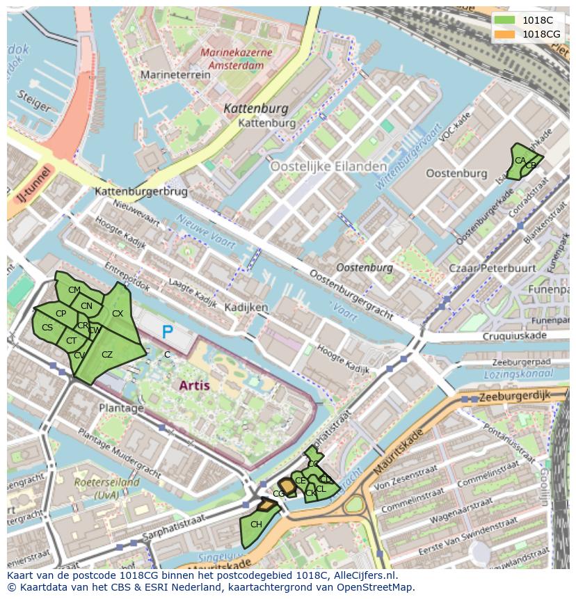 Afbeelding van het postcodegebied 1018 CG op de kaart.