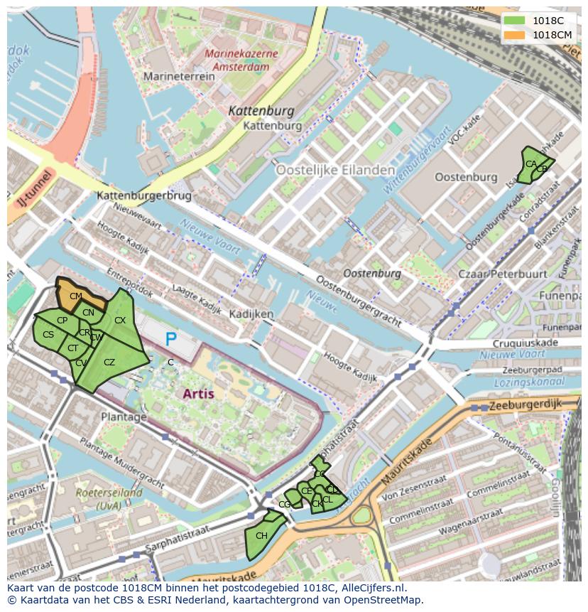Afbeelding van het postcodegebied 1018 CM op de kaart.