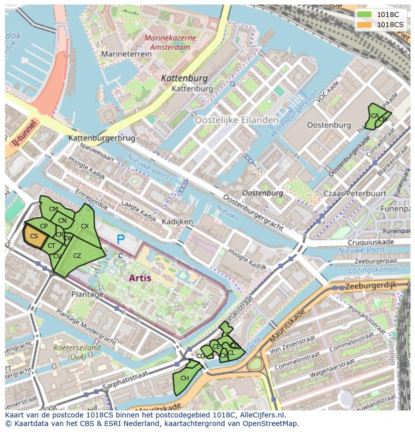 Afbeelding van het postcodegebied 1018 CS op de kaart.