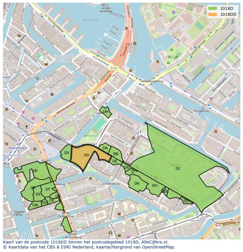 Afbeelding van het postcodegebied 1018 DD op de kaart.