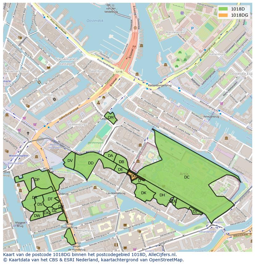 Afbeelding van het postcodegebied 1018 DG op de kaart.
