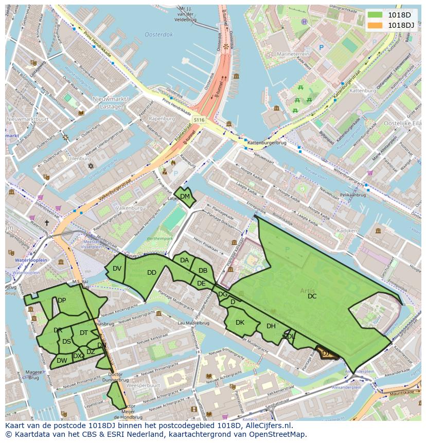 Afbeelding van het postcodegebied 1018 DJ op de kaart.