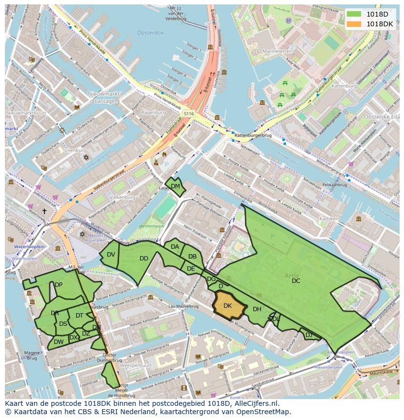 Afbeelding van het postcodegebied 1018 DK op de kaart.