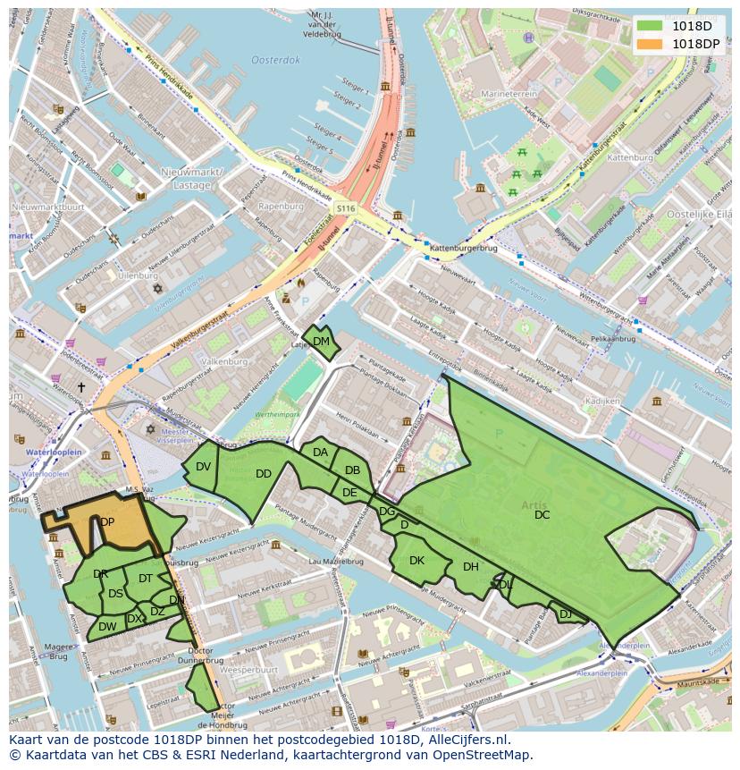 Afbeelding van het postcodegebied 1018 DP op de kaart.