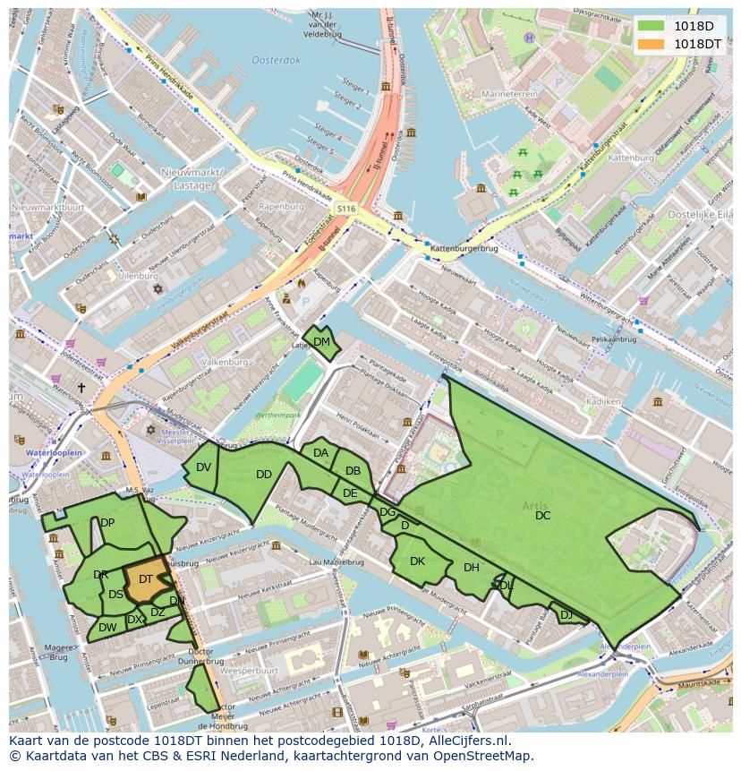 Afbeelding van het postcodegebied 1018 DT op de kaart.