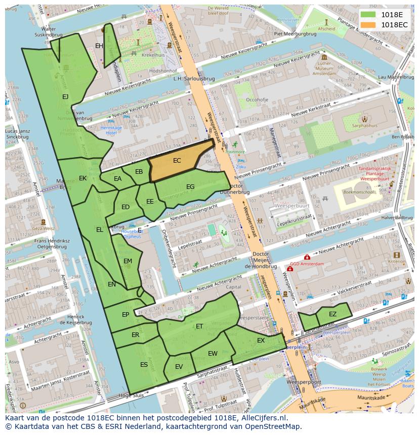 Afbeelding van het postcodegebied 1018 EC op de kaart.
