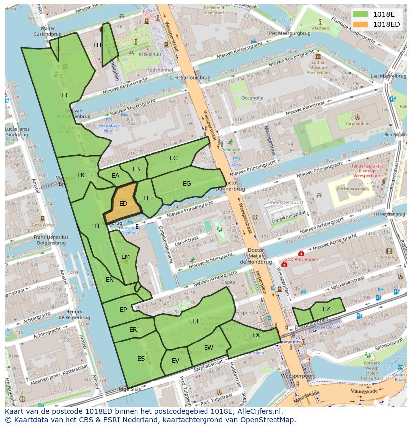 Afbeelding van het postcodegebied 1018 ED op de kaart.