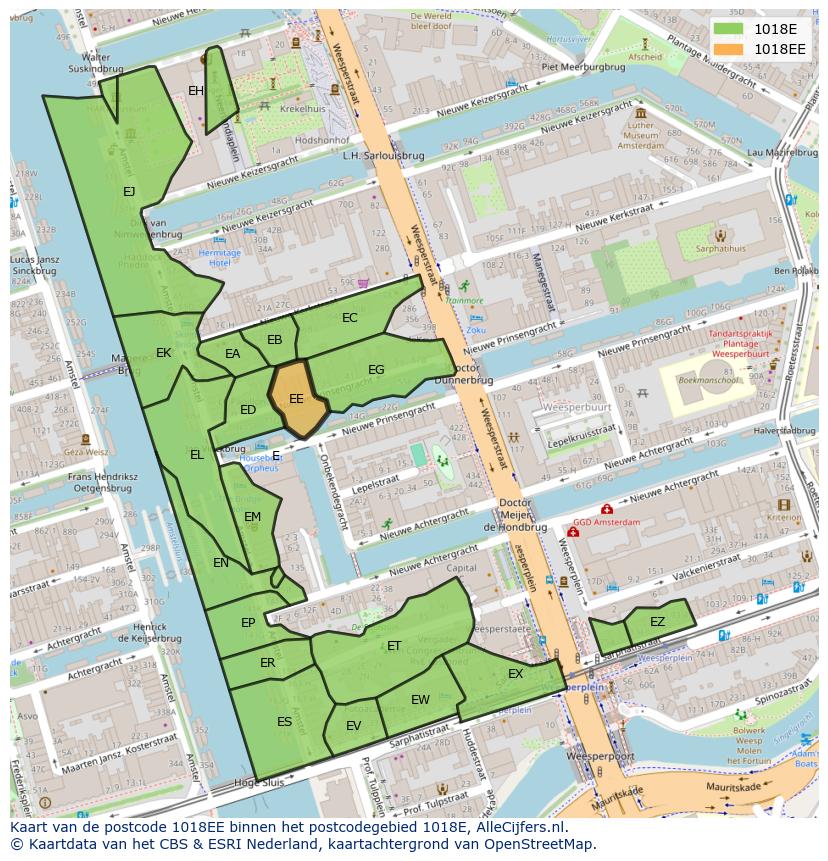 Afbeelding van het postcodegebied 1018 EE op de kaart.