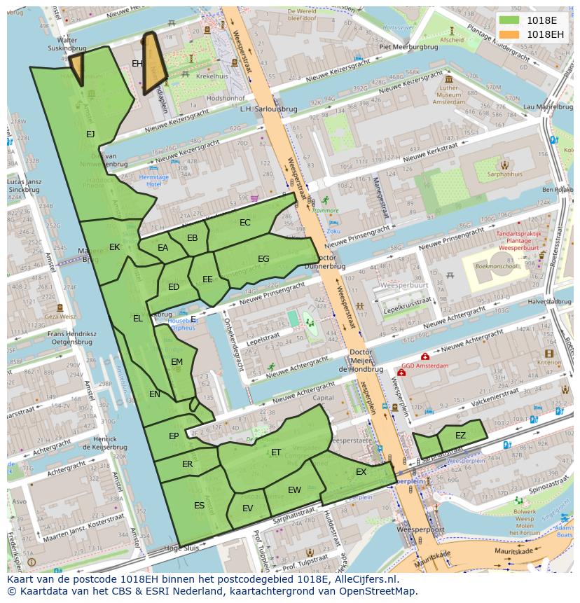 Afbeelding van het postcodegebied 1018 EH op de kaart.