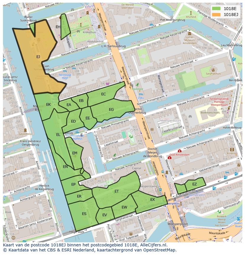 Afbeelding van het postcodegebied 1018 EJ op de kaart.