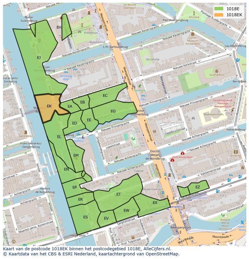 Afbeelding van het postcodegebied 1018 EK op de kaart.