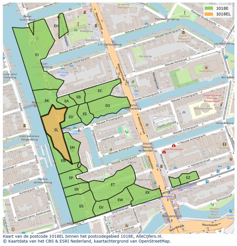 Afbeelding van het postcodegebied 1018 EL op de kaart.