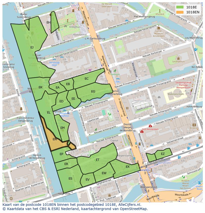 Afbeelding van het postcodegebied 1018 EN op de kaart.
