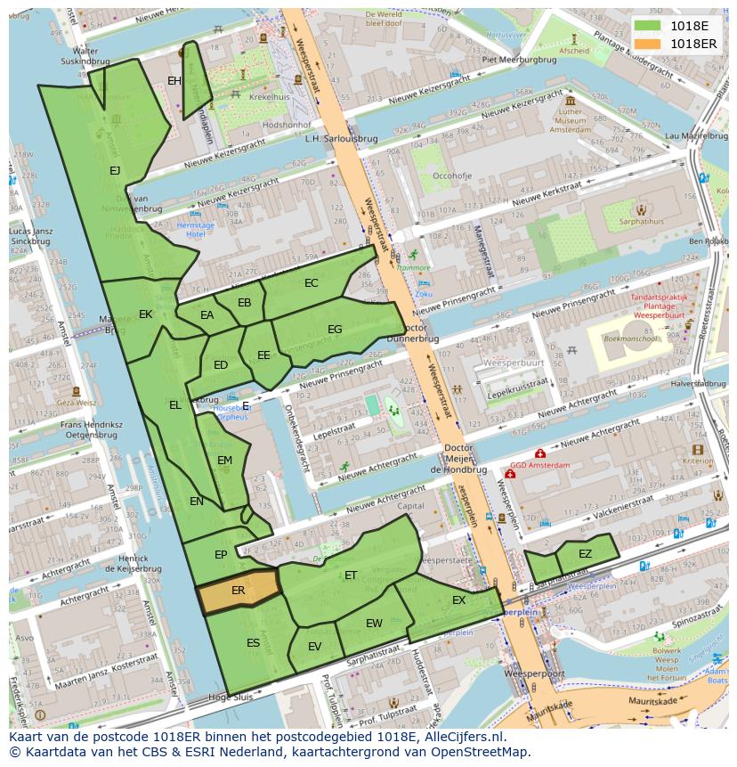 Afbeelding van het postcodegebied 1018 ER op de kaart.