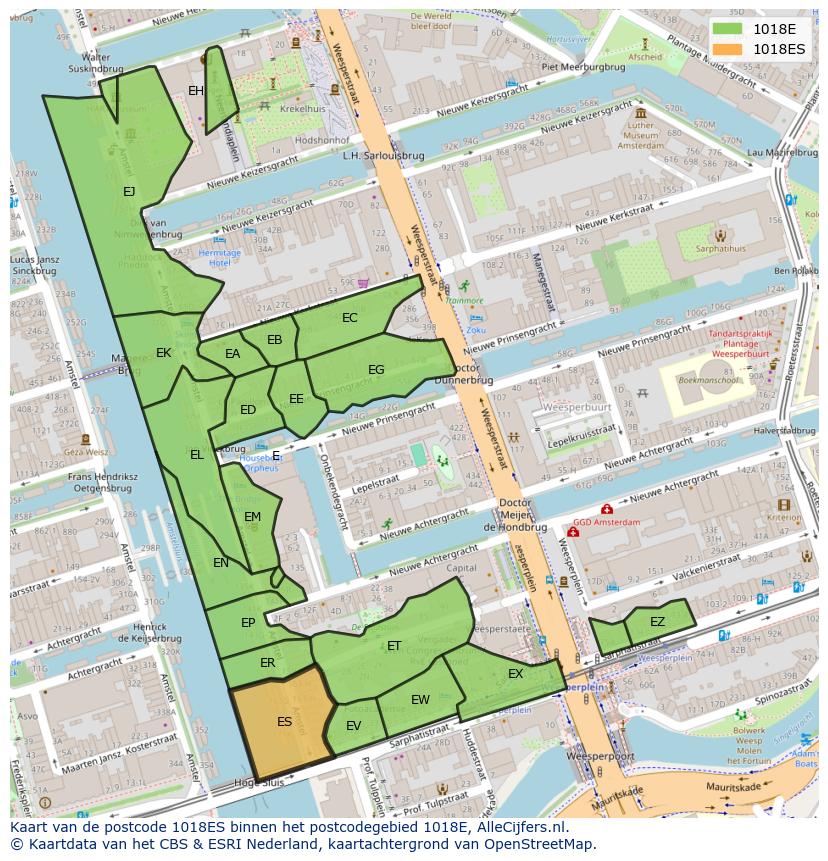 Afbeelding van het postcodegebied 1018 ES op de kaart.