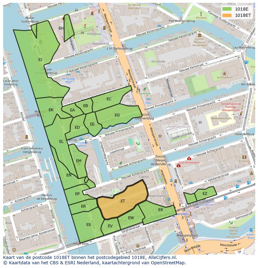 Afbeelding van het postcodegebied 1018 ET op de kaart.