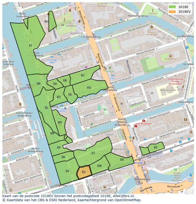 Afbeelding van het postcodegebied 1018 EV op de kaart.
